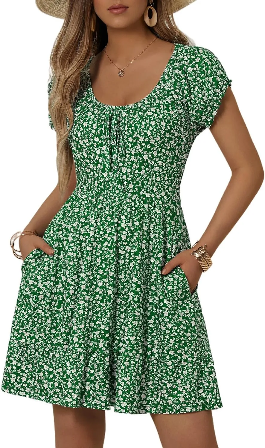 HUHOT Teen Petite Women Floral Short Summer Mini Dresses with Pockets Cute Milkmaid Sundress