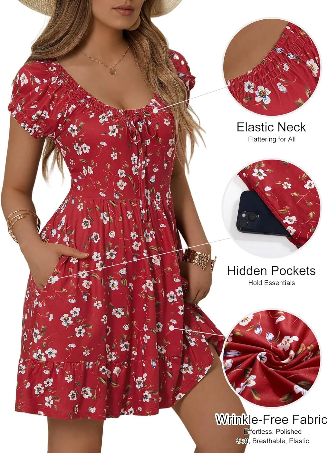 HUHOT Teen Petite Women Floral Short Summer Mini Dresses with Pockets Cute Milkmaid Sundress