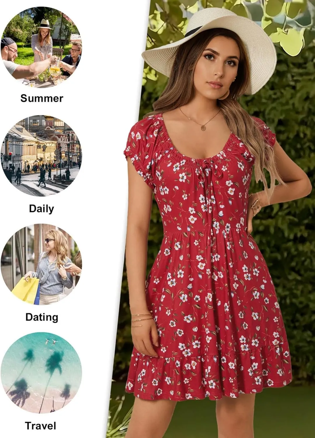HUHOT Teen Petite Women Floral Short Summer Mini Dresses with Pockets Cute Milkmaid Sundress