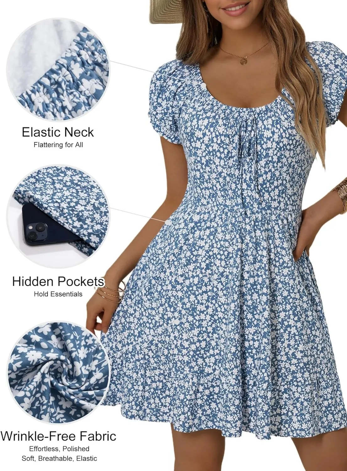 HUHOT Teen Petite Women Floral Short Summer Mini Dresses with Pockets Cute Milkmaid Sundress