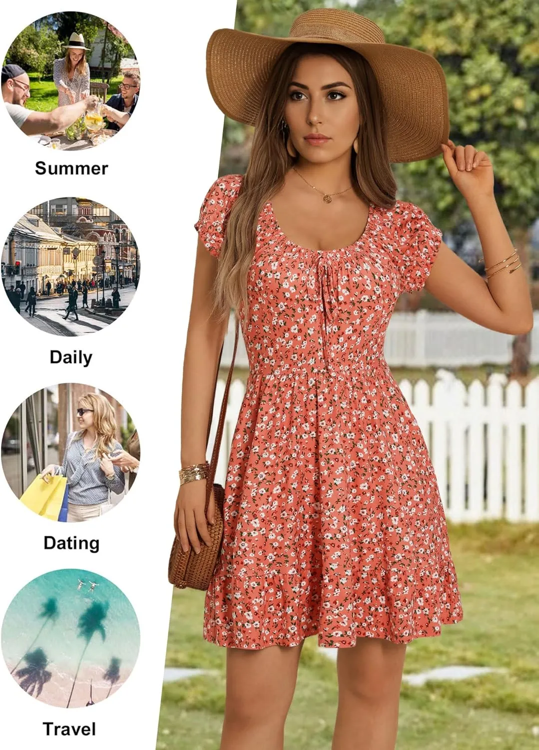 HUHOT Teen Petite Women Floral Short Summer Mini Dresses with Pockets Cute Milkmaid Sundress
