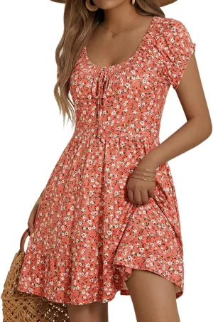 HUHOT Teen Petite Women Floral Short Summer Mini Dresses with Pockets Cute Milkmaid Sundress