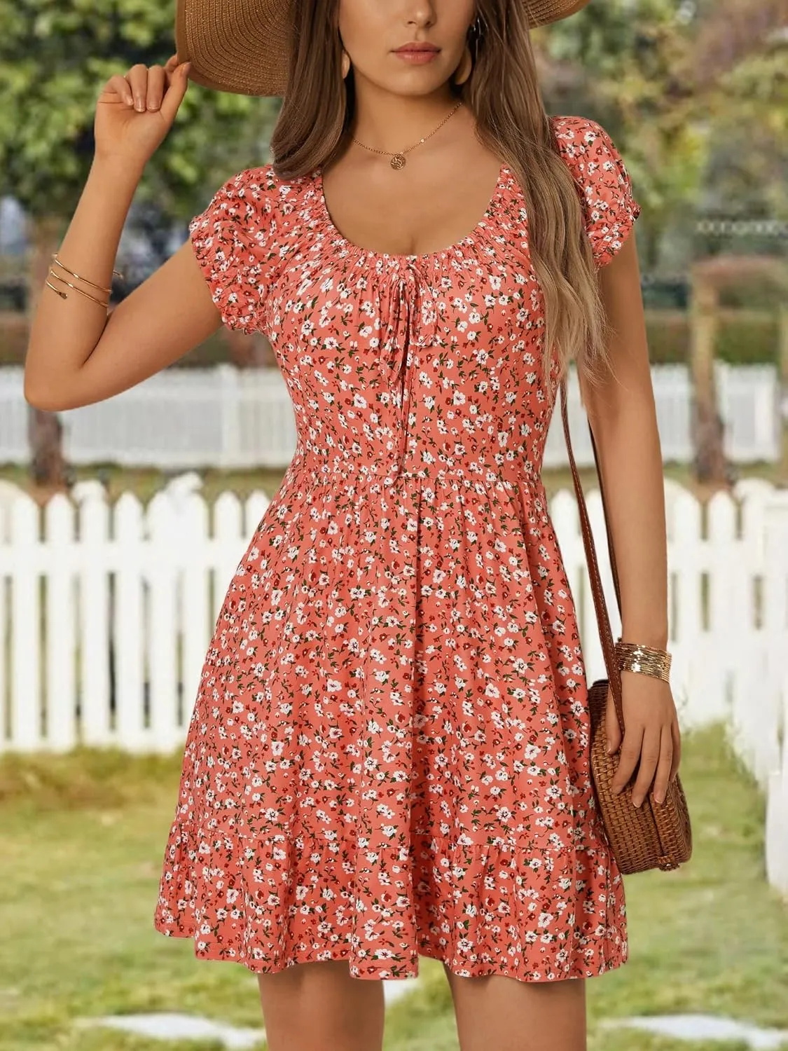 HUHOT Teen Petite Women Floral Short Summer Mini Dresses with Pockets Cute Milkmaid Sundress