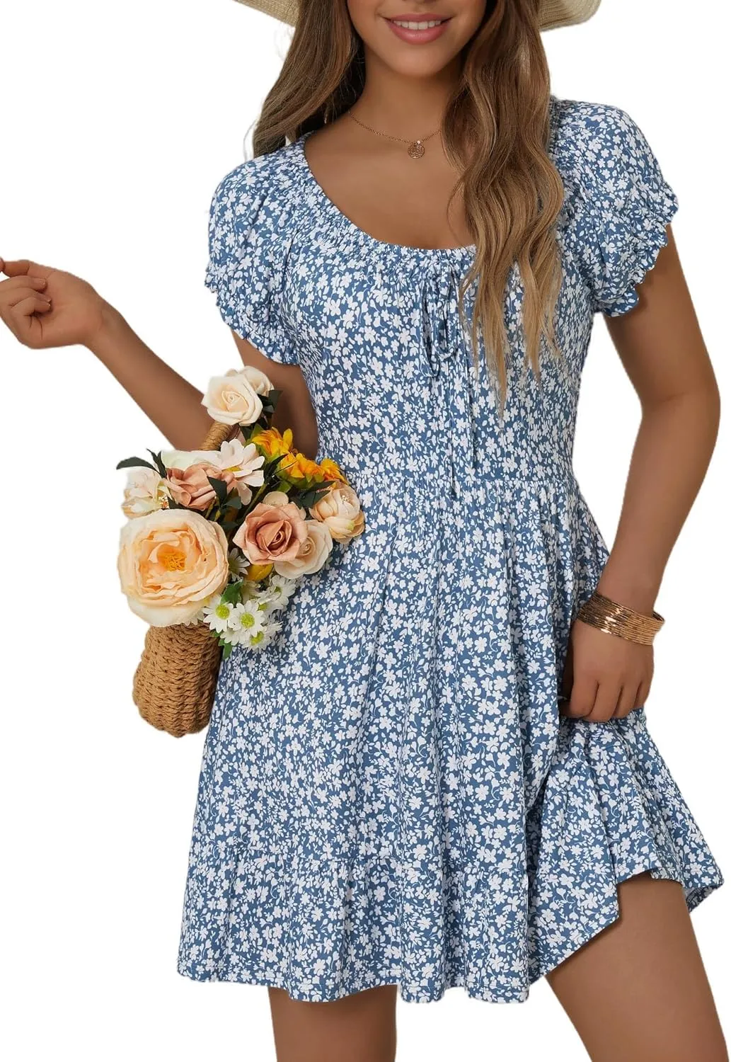 HUHOT Teen Petite Women Floral Short Summer Mini Dresses with Pockets Cute Milkmaid Sundress