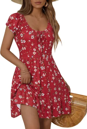 HUHOT Teen Petite Women Floral Short Summer Mini Dresses with Pockets Cute Milkmaid Sundress