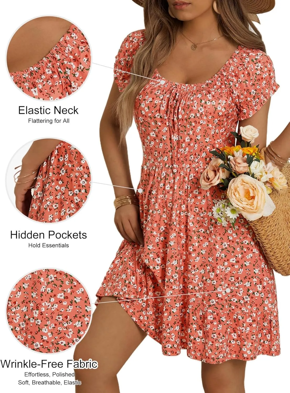 HUHOT Teen Petite Women Floral Short Summer Mini Dresses with Pockets Cute Milkmaid Sundress