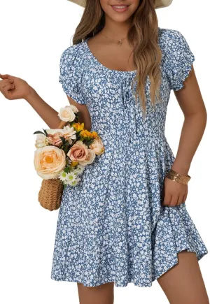 HUHOT Teen Petite Women Floral Short Summer Mini Dresses with Pockets Cute Milkmaid Sundress