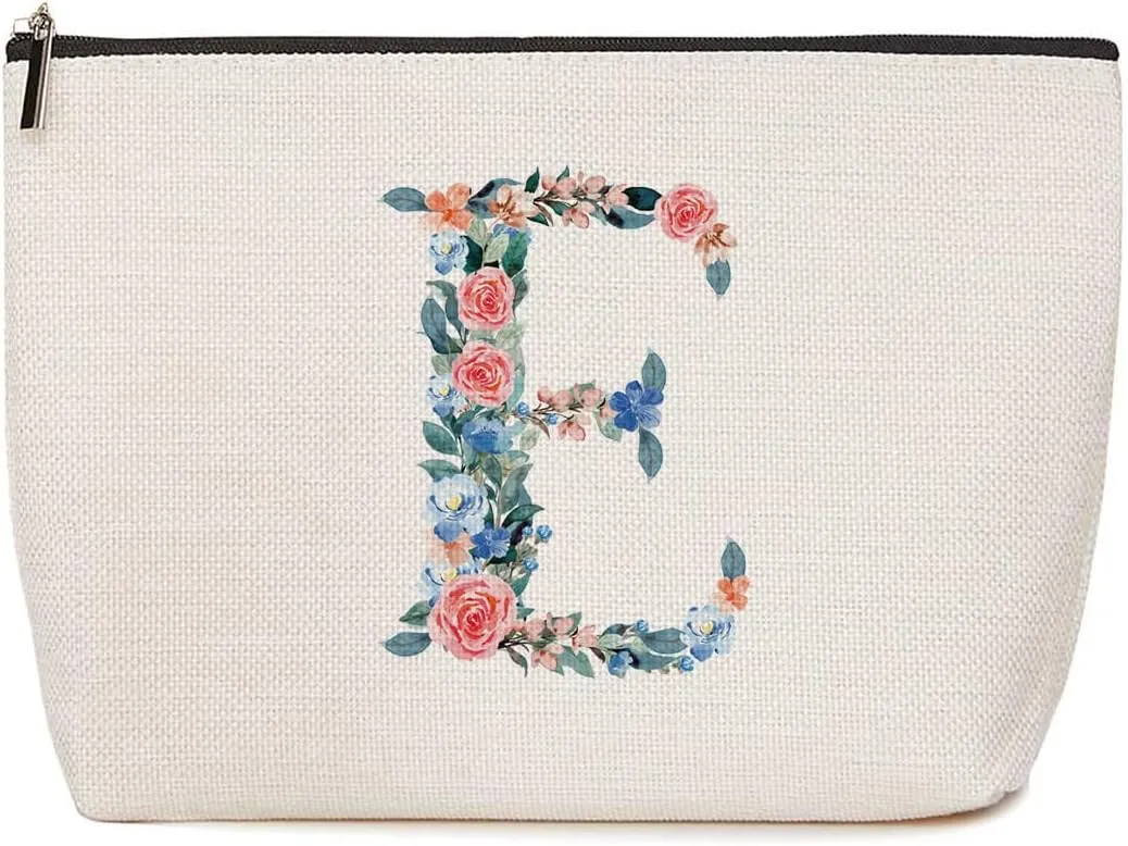 Initial Makeup Bag Monogrammed Travel Toiletry Bag Monogram Cosmetic Bag Birthday Christmas Bridal Shower Bridesmaid Gifts Personalized Gifts for Women Bride Teacher Boss Lady, Floral Letter E