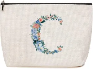 Initial Makeup Bag Monogrammed Travel Toiletry Bag Monogram Cosmetic Bag Birthday Christmas Bridal Shower Bridesmaid Gifts Personalized Gifts for Women Bride Teacher Coworker, Floral Letter C