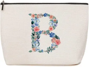 Initial Makeup Bag Monogrammed Travel Toiletry Bag Monogram Cosmetic Bag Birthday Christmas Bridal Shower Bridesmaid Gifts Personalized Gifts for Women Bride Teacher Friend, Floral Letter B