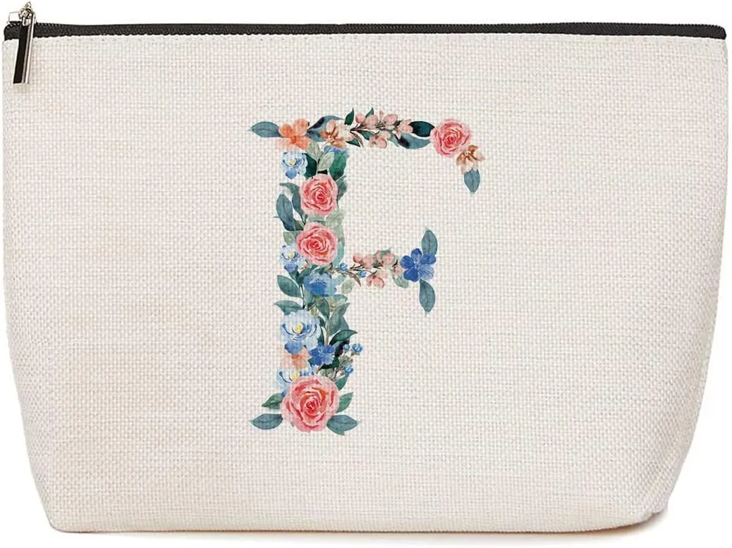 Initial Makeup Bag Monogrammed Travel Toiletry Bag Monogram Cosmetic Bag Birthday Christmas Bridal Shower Bridesmaid Gifts Personalized Gifts for Women Bride Teacher Grandma, Floral Letter F