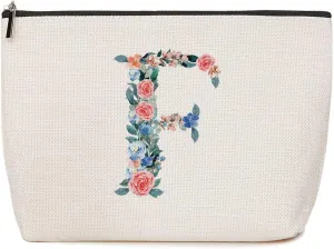 Initial Makeup Bag Monogrammed Travel Toiletry Bag Monogram Cosmetic Bag Birthday Christmas Bridal Shower Bridesmaid Gifts Personalized Gifts for Women Bride Teacher Grandma, Floral Letter F
