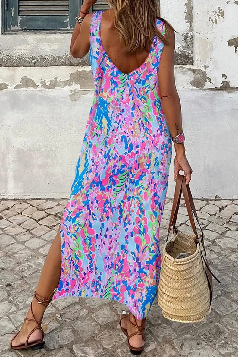 iXubem Women's Summer Sleeveless Striped Maxi Tank Dresses Casual Beach Split Racerback Long Sundress