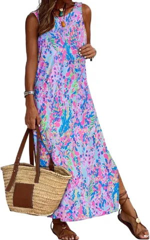 iXubem Women's Summer Sleeveless Striped Maxi Tank Dresses Casual Beach Split Racerback Long Sundress