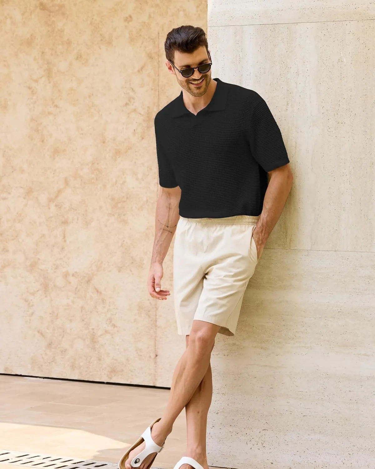 Kallspin Men's Pure Cotton Knit Polo Shirt Textured Short Sleeve V Neck Johnny Collar Casual Summer Top