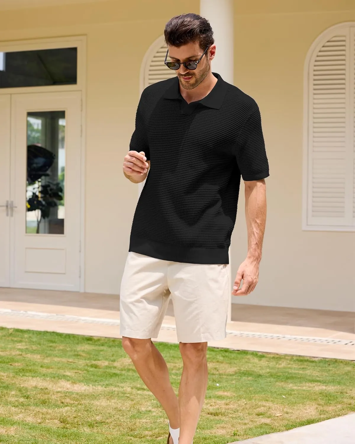 Kallspin Men's Pure Cotton Knit Polo Shirt Textured Short Sleeve V Neck Johnny Collar Casual Summer Top