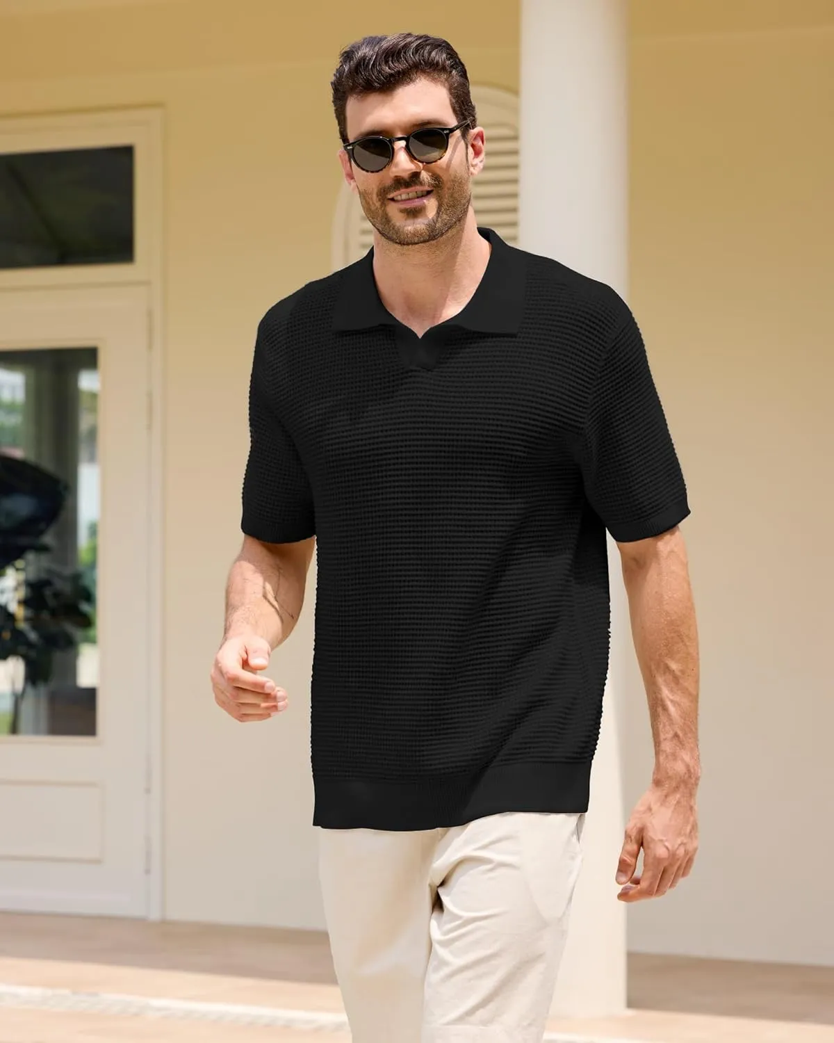 Kallspin Men's Pure Cotton Knit Polo Shirt Textured Short Sleeve V Neck Johnny Collar Casual Summer Top