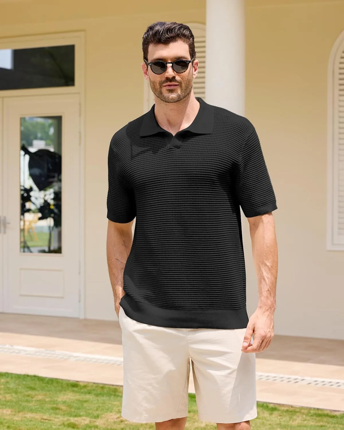 Kallspin Men's Pure Cotton Knit Polo Shirt Textured Short Sleeve V Neck Johnny Collar Casual Summer Top