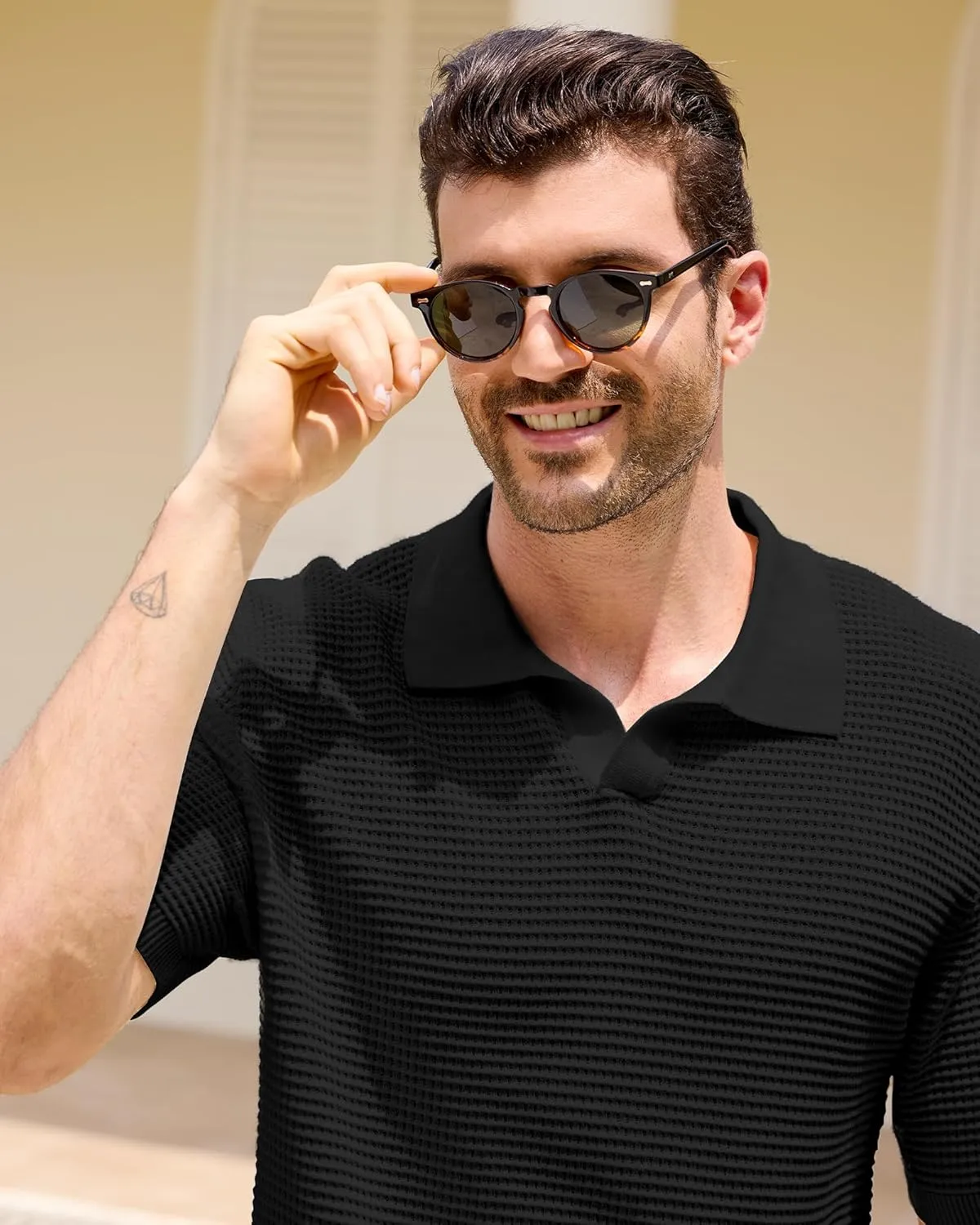 Kallspin Men's Pure Cotton Knit Polo Shirt Textured Short Sleeve V Neck Johnny Collar Casual Summer Top