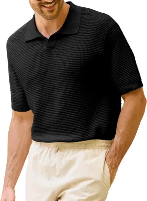 Kallspin Men's Pure Cotton Knit Polo Shirt Textured Short Sleeve V Neck Johnny Collar Casual Summer Top