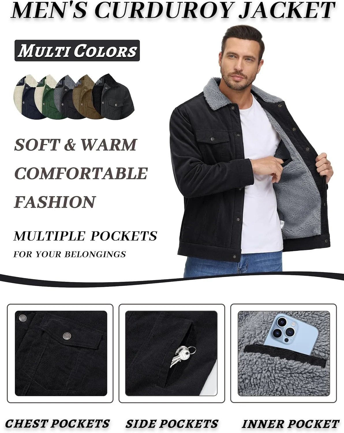 KEFITEVD Men's Corduroy Jacket Sherpa Lined Fleece Trucker Jackets Cotton Turn-down Collar Jacket Warm Winter Coat