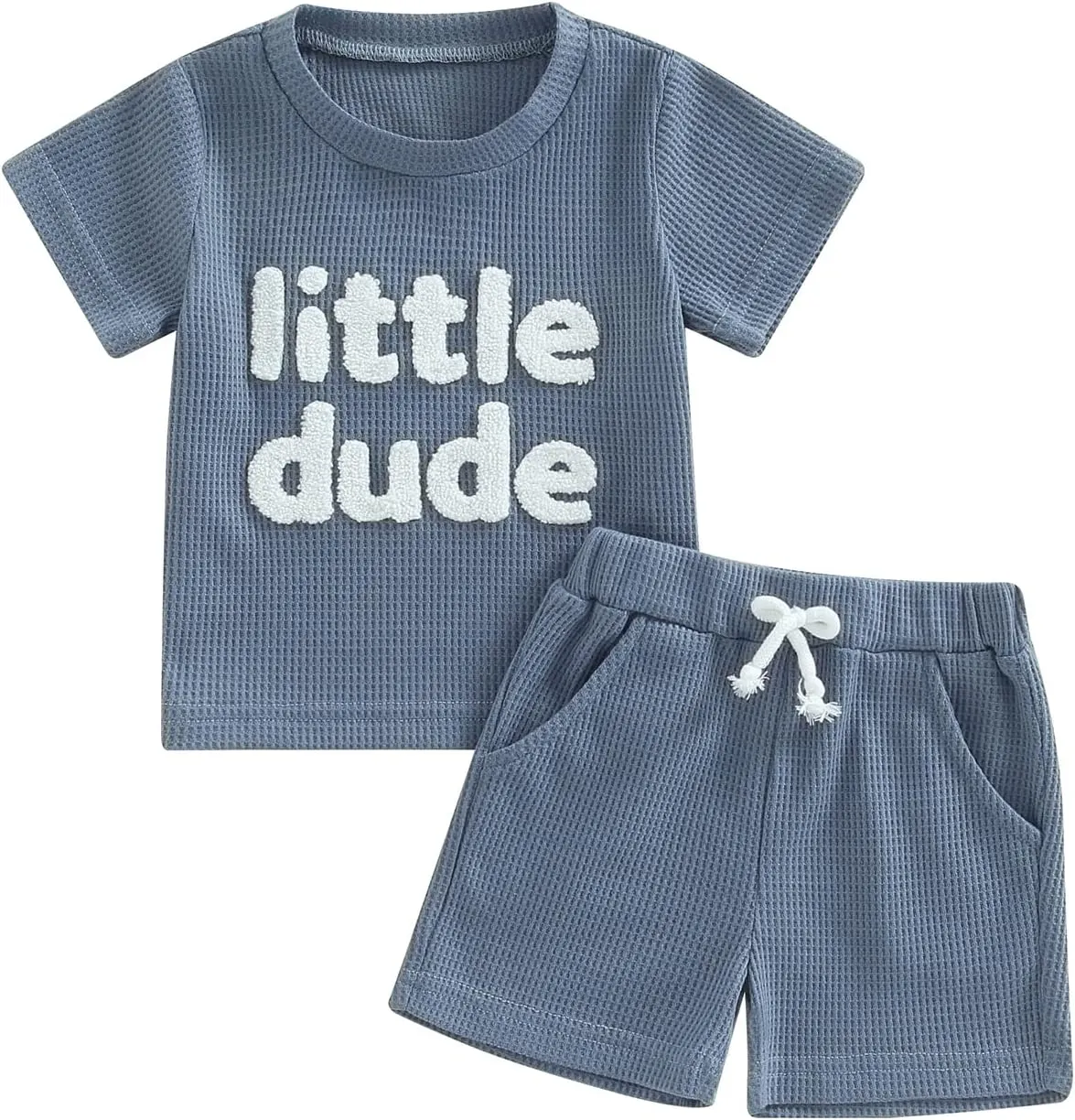 Kupretty Toddler Baby Boy Summer Clothes Embroiderey Waffle Knit Short Sleeve T-Shirt Tees   Casual Shorts Cute Clothing Set