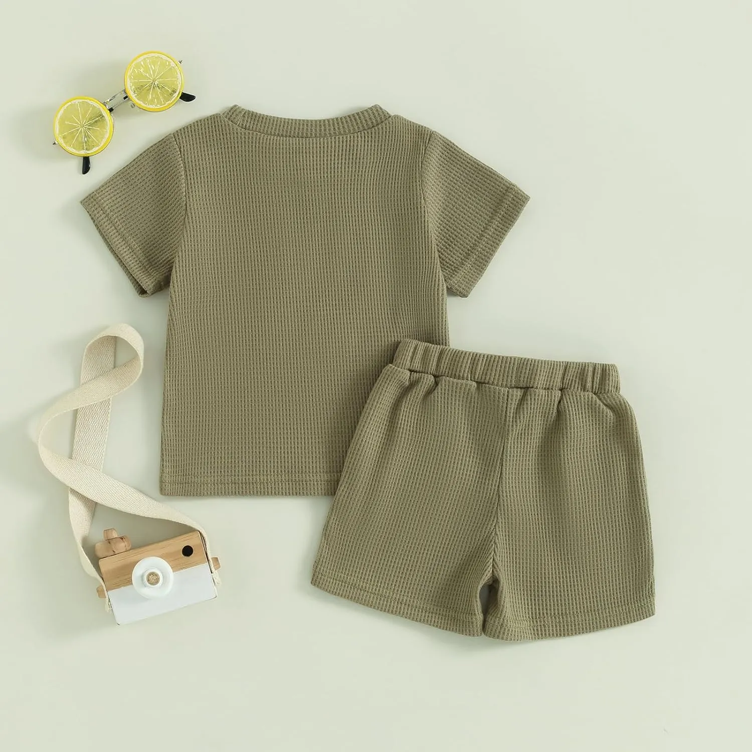 Kupretty Toddler Baby Boy Summer Clothes Embroiderey Waffle Knit Short Sleeve T-Shirt Tees   Casual Shorts Cute Clothing Set