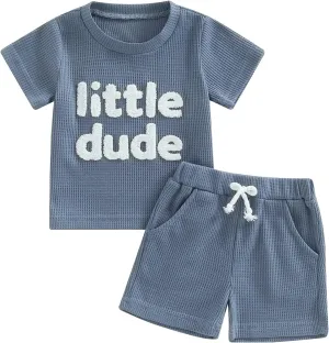 Kupretty Toddler Baby Boy Summer Clothes Embroiderey Waffle Knit Short Sleeve T-Shirt Tees   Casual Shorts Cute Clothing Set