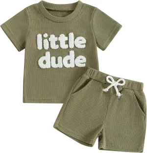 Kupretty Toddler Baby Boy Summer Clothes Embroiderey Waffle Knit Short Sleeve T-Shirt Tees   Casual Shorts Cute Clothing Set