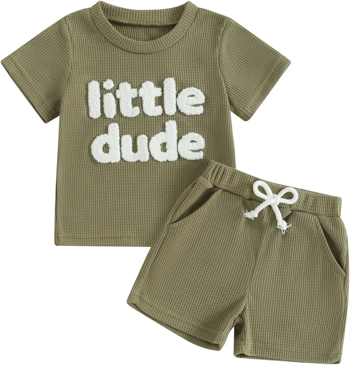 Kupretty Toddler Baby Boy Summer Clothes Embroiderey Waffle Knit Short Sleeve T-Shirt Tees   Casual Shorts Cute Clothing Set