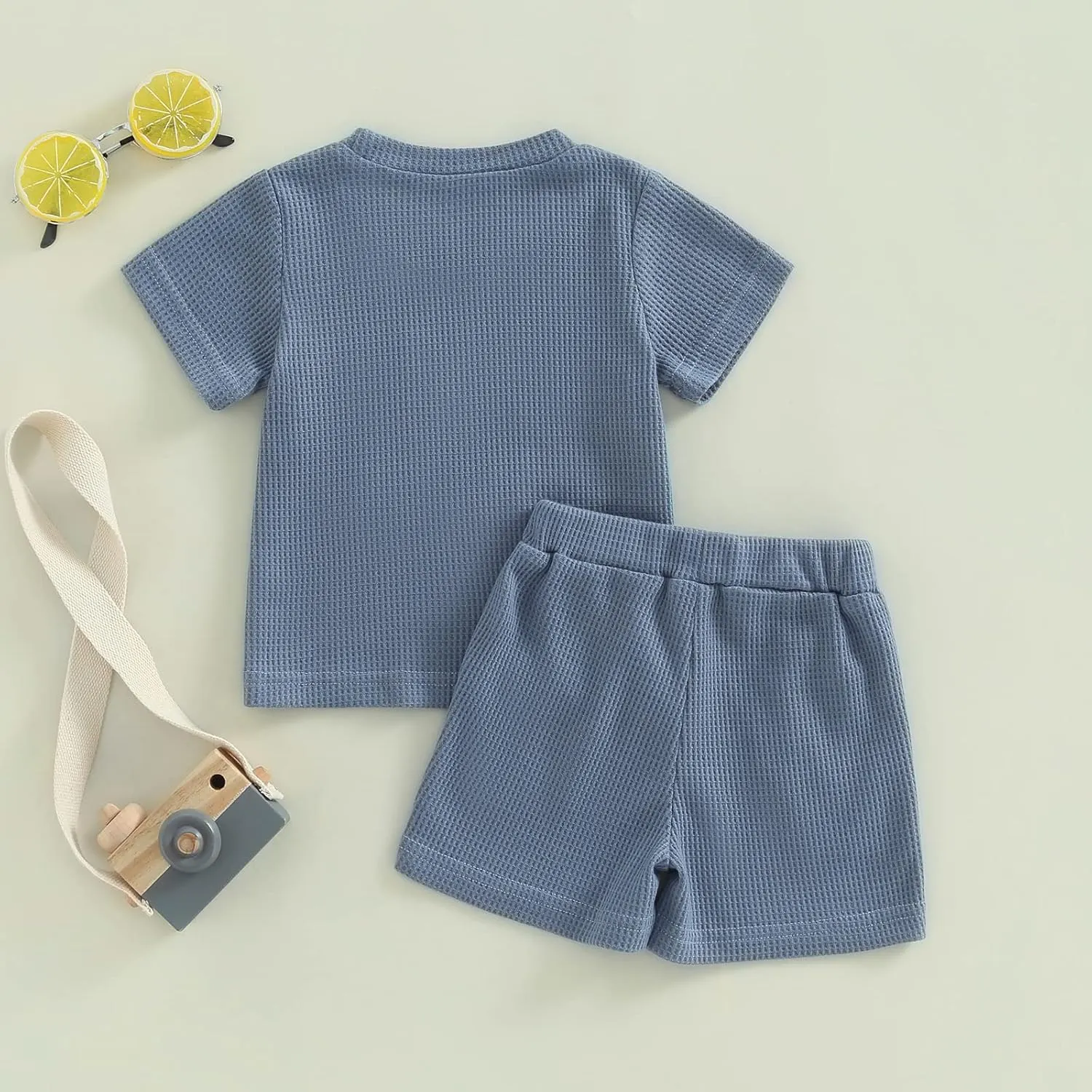 Kupretty Toddler Baby Boy Summer Clothes Embroiderey Waffle Knit Short Sleeve T-Shirt Tees   Casual Shorts Cute Clothing Set