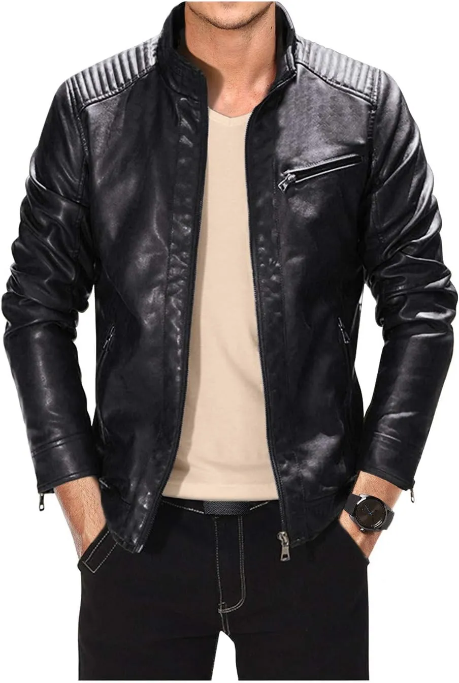 Leather Jacket Men Black Slim Fit Motorcyle Lightweight