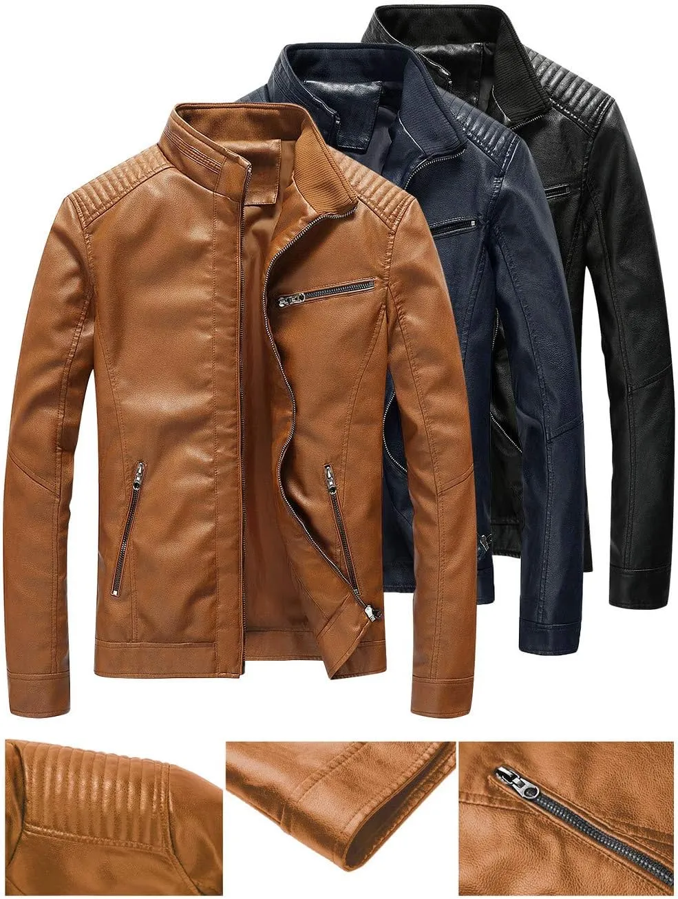 Leather Jacket Men Black Slim Fit Motorcyle Lightweight