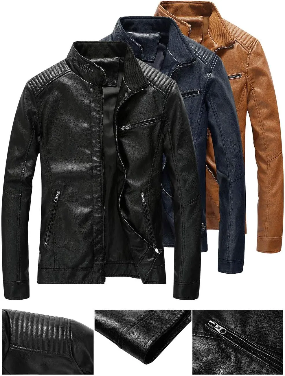 Leather Jacket Men Black Slim Fit Motorcyle Lightweight