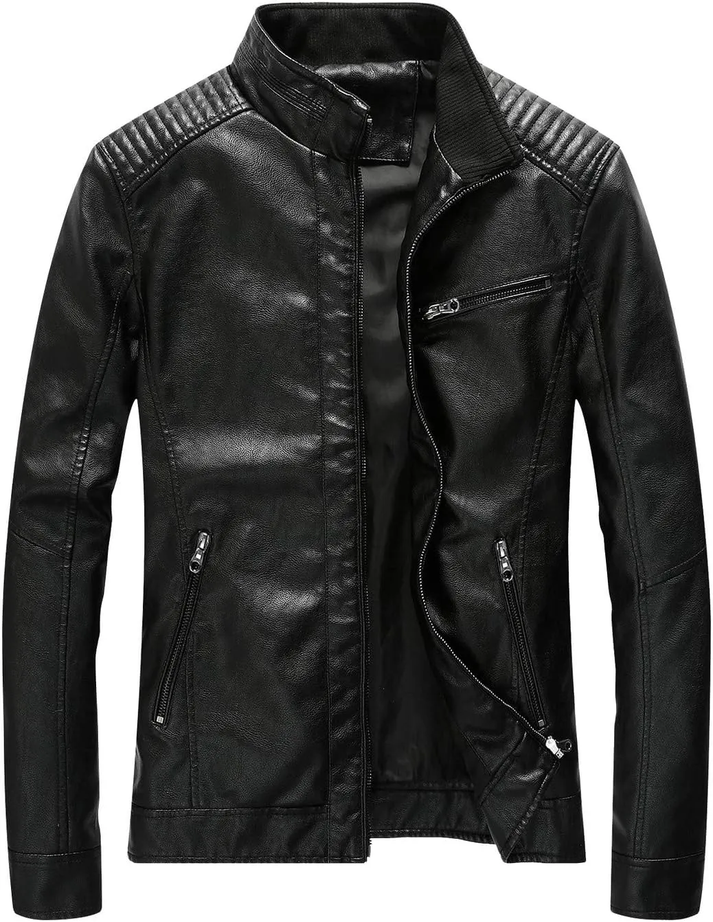 Leather Jacket Men Black Slim Fit Motorcyle Lightweight
