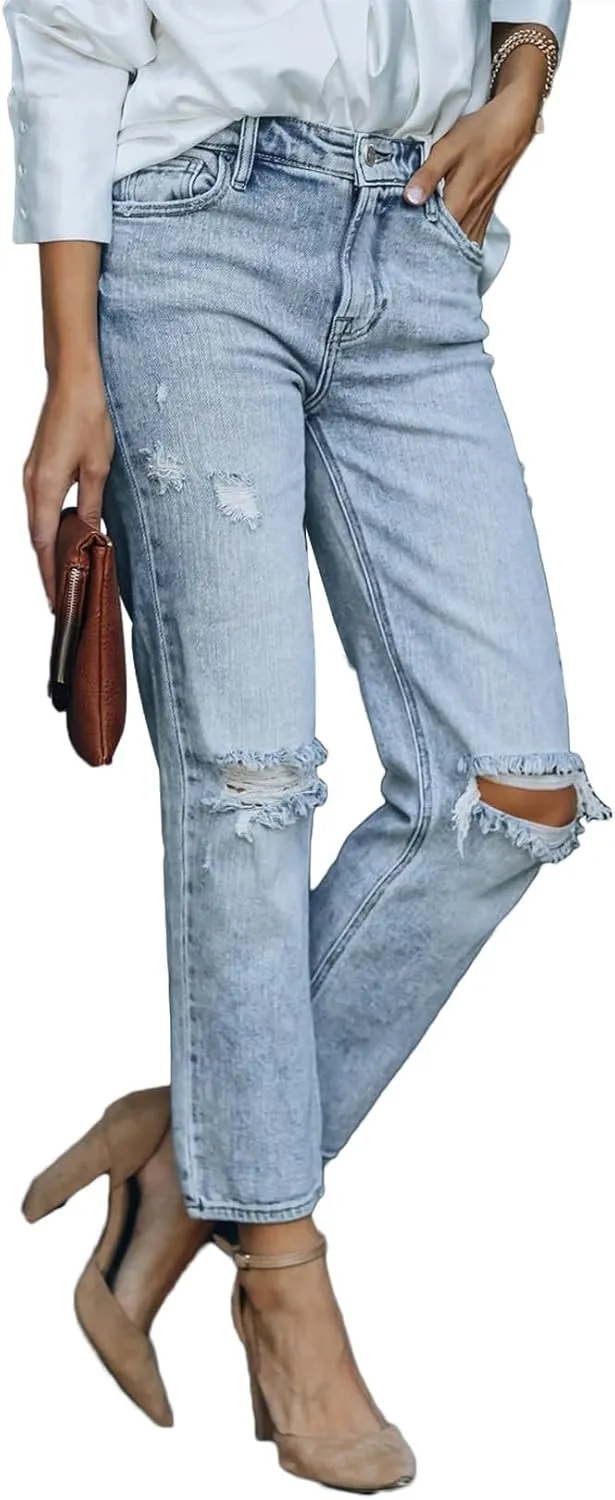 Lesore Womens High Waist Stretch Distressed Jeans Destroyed Denim Pants