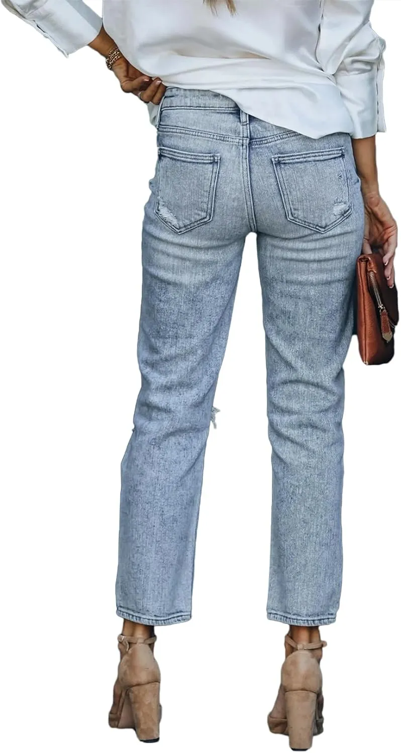 Lesore Womens High Waist Stretch Distressed Jeans Destroyed Denim Pants