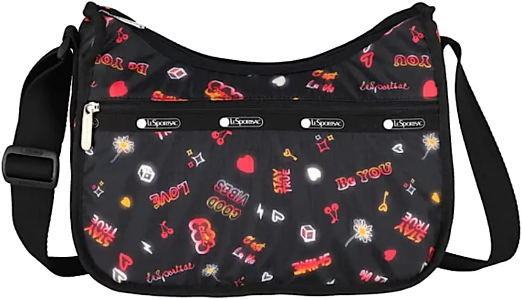 LeSportsac Stay True Classic Hobo Crossbody Bag   Cosmetic Bag, Style 7520/Color E481, Empowering Pop Art Style Words w Tie-Dye Effect: Be You, Stay True, Shine, Self Love Club   Colorful Hearts