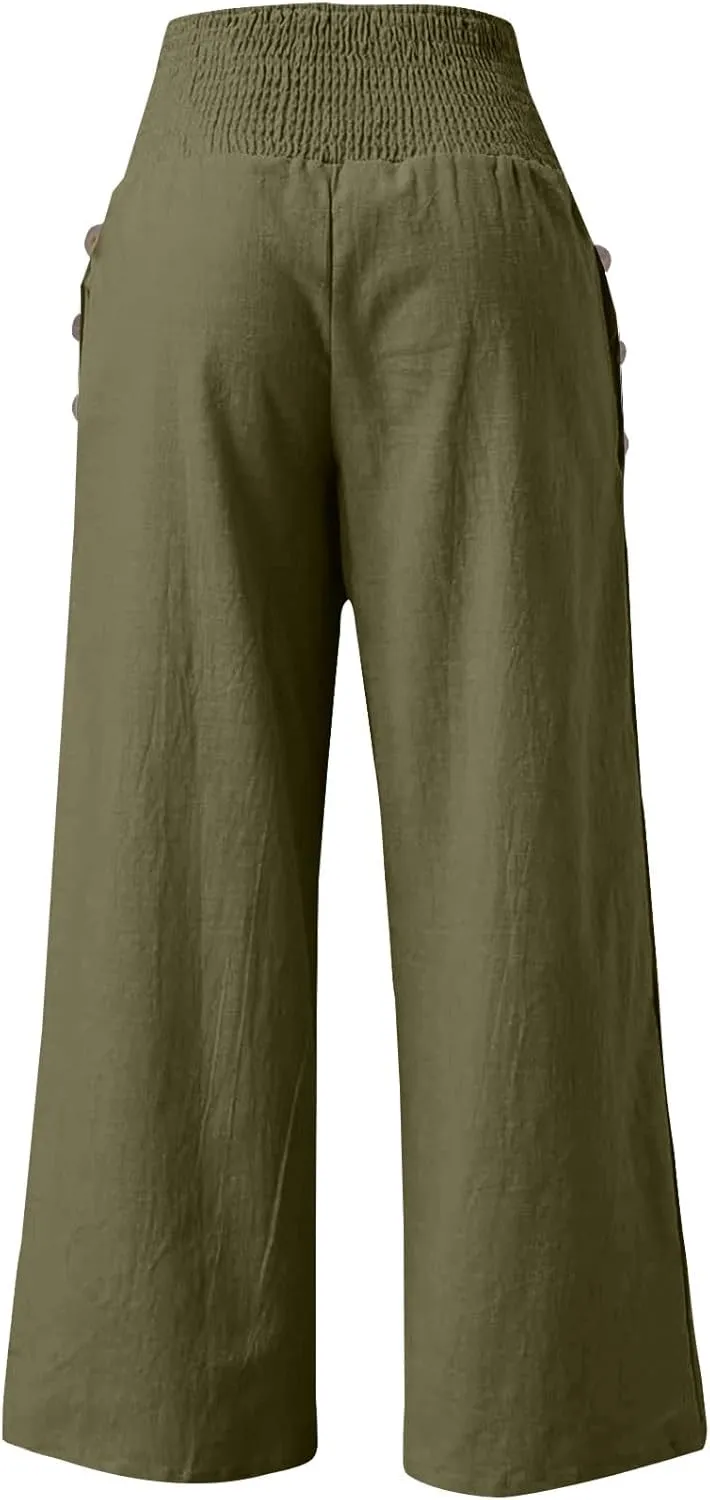 Linen Palazzo Pants for Women Summer Stretch Smocked Waist Lounge Trousers Flowy Beach Pants with Pockets