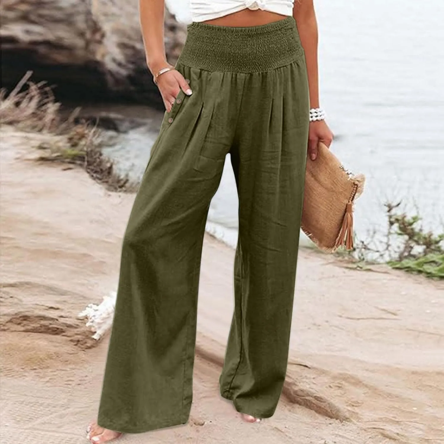 Linen Palazzo Pants for Women Summer Stretch Smocked Waist Lounge Trousers Flowy Beach Pants with Pockets