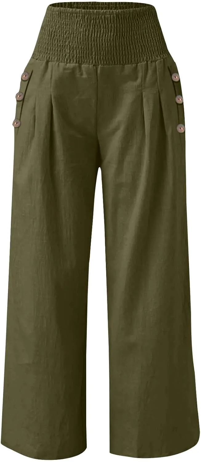 Linen Palazzo Pants for Women Summer Stretch Smocked Waist Lounge Trousers Flowy Beach Pants with Pockets