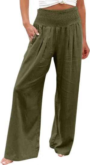 Linen Palazzo Pants for Women Summer Stretch Smocked Waist Lounge Trousers Flowy Beach Pants with Pockets