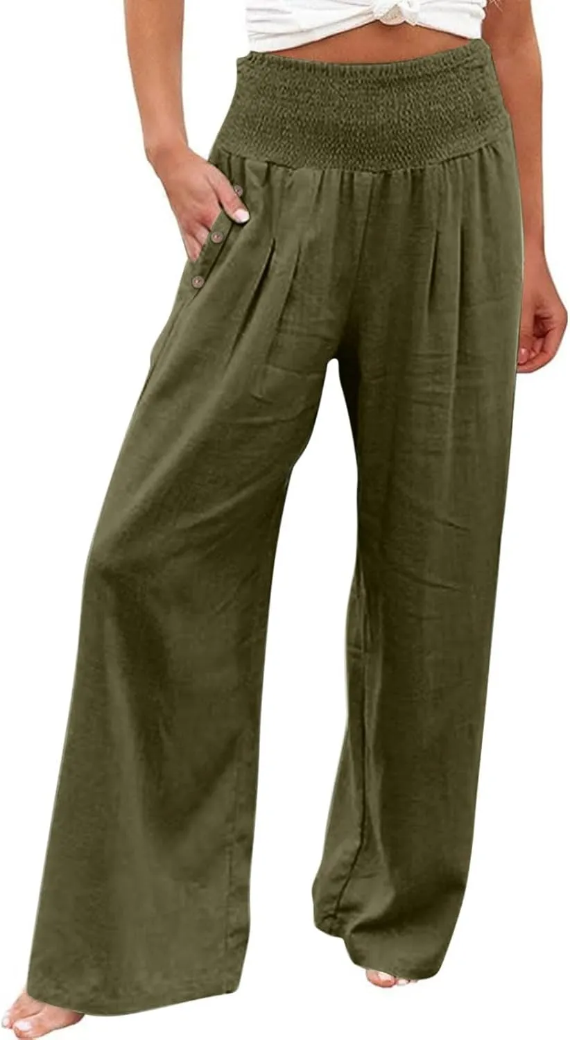 Linen Palazzo Pants for Women Summer Stretch Smocked Waist Lounge Trousers Flowy Beach Pants with Pockets