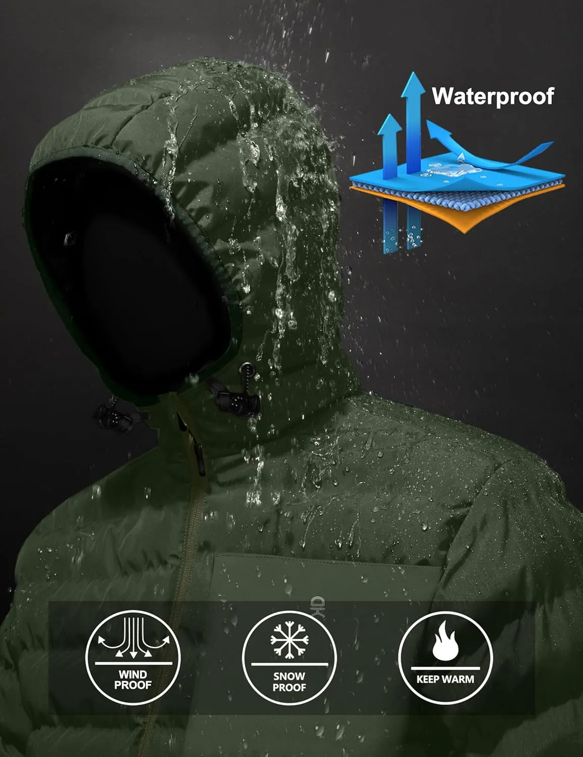 Little Donkey Andy Men's Warm Waterproof Puffer Jacket Hooded Windproof Winter Coat with Recycled Insulation