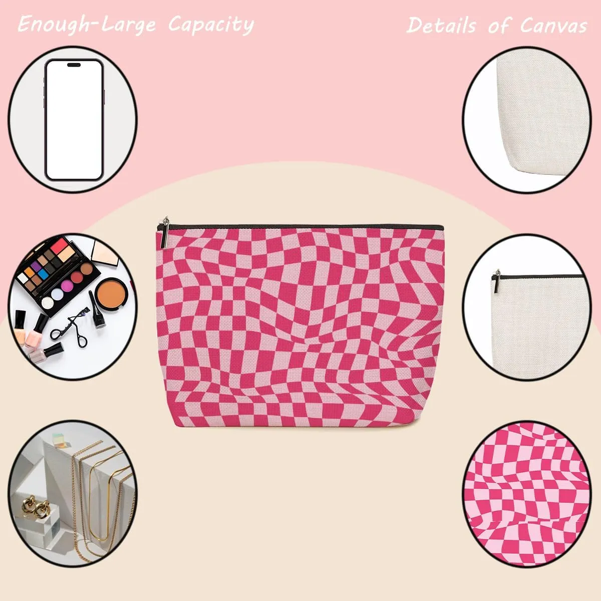 Lovdazzles 2 Pieces Makeup Bag Pink Yellow Checkered Preppy Aesthetics Skincare Bag Travel Toiletry Bag Makeup Pouch Cosmetic Bag