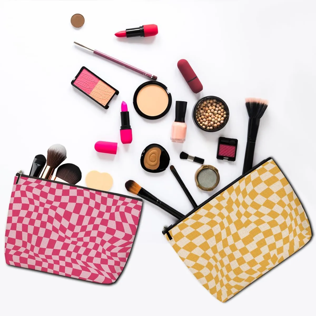 Lovdazzles 2 Pieces Makeup Bag Pink Yellow Checkered Preppy Aesthetics Skincare Bag Travel Toiletry Bag Makeup Pouch Cosmetic Bag