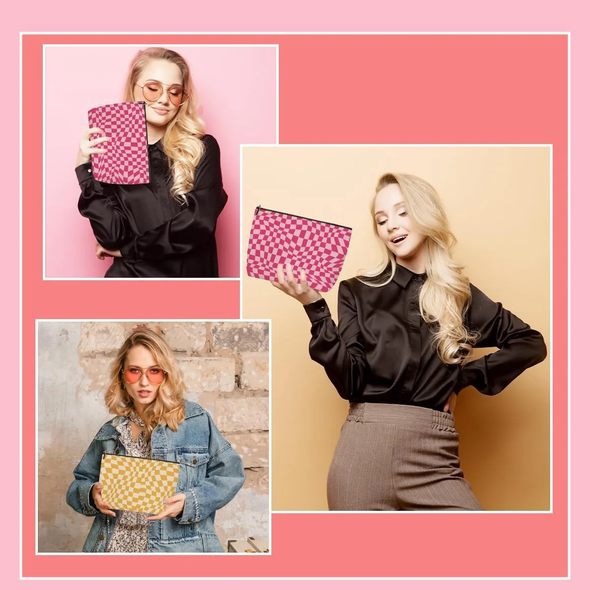 Lovdazzles 2 Pieces Makeup Bag Pink Yellow Checkered Preppy Aesthetics Skincare Bag Travel Toiletry Bag Makeup Pouch Cosmetic Bag