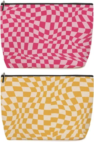 Lovdazzles 2 Pieces Makeup Bag Pink Yellow Checkered Preppy Aesthetics Skincare Bag Travel Toiletry Bag Makeup Pouch Cosmetic Bag