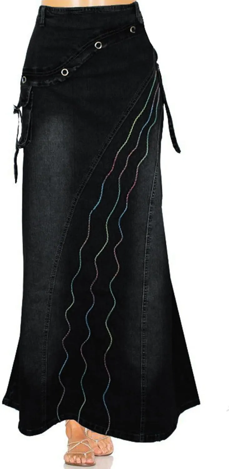 loveimgs Women's Vintage High Waist Zipper A Line Fishtail Skirt Ruffle Mermaid Maxi Long Denim Jean Skirt