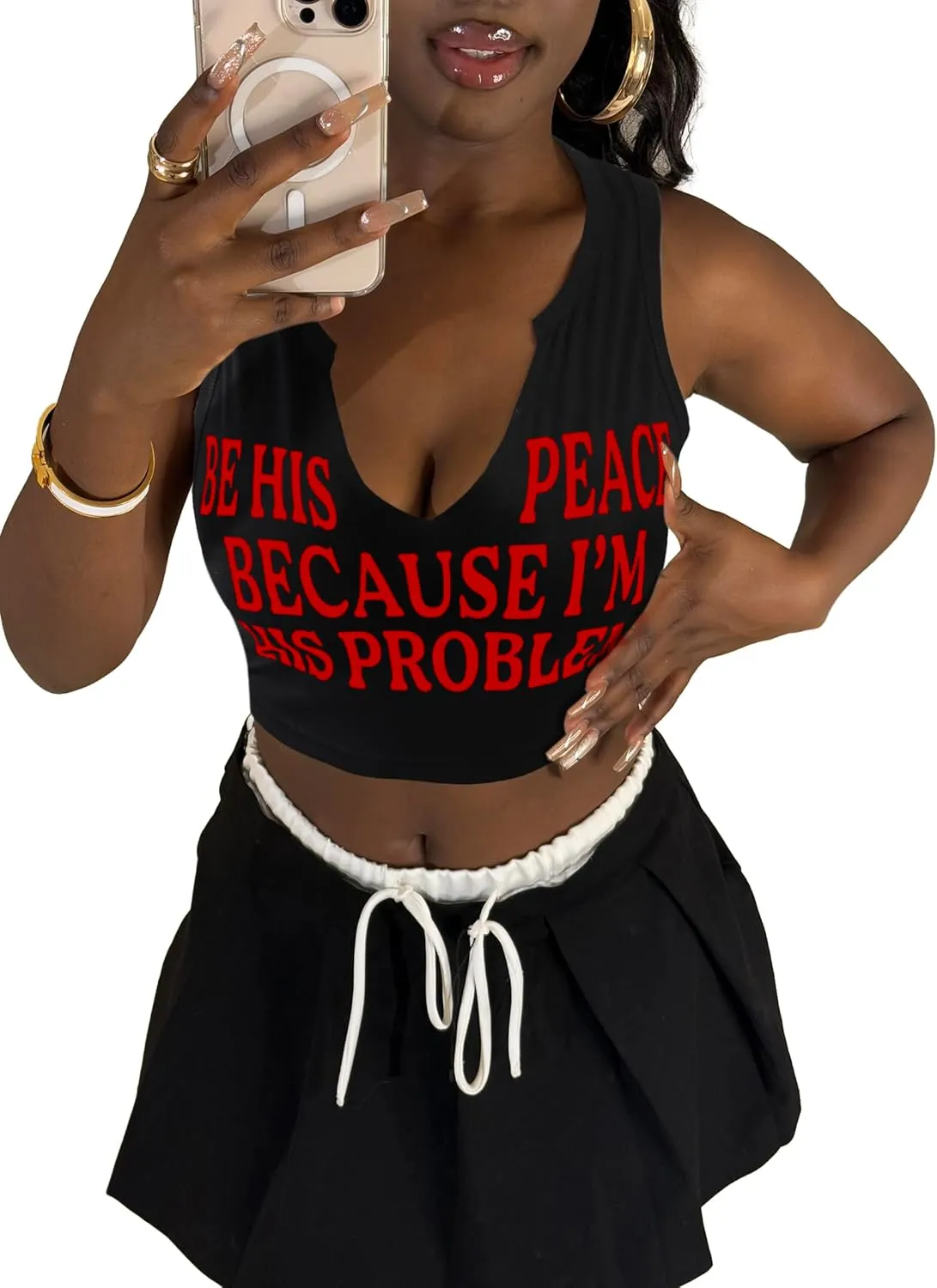 LovelyWholesale Graphic Crop Tank Tops for Women Sexy Summer V Neck Tank Tops